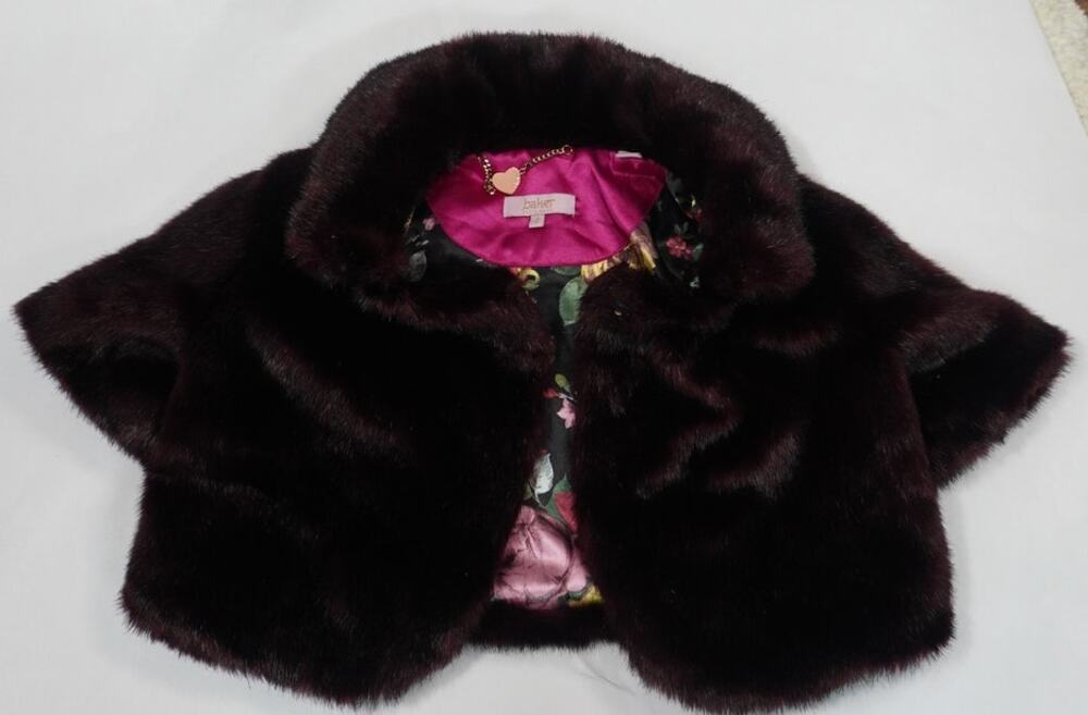 Baker by Ted Baker Girls 8 Burgundy Faux Fur Bolero Shrug Floral Lining